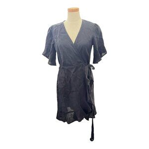 Honorine Wrap Dress 100% Linen Black Ruffled Midi Womens' Size Large Made In USA